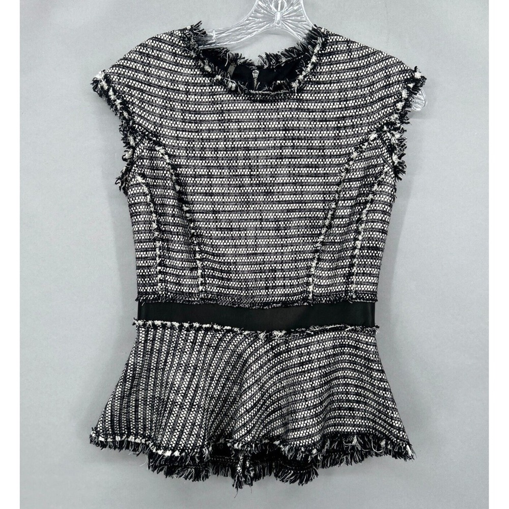 REBECCA TAYLOR Top Womens 2 Peplum Black White Tweed Lamb Leather Fringe Fitted